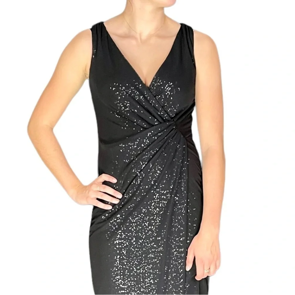 LAUREN RALPH LAUREN EVENING CASCADE SEQUIN COLUMN FAUX WRAP SHEATH GOWN DRESS